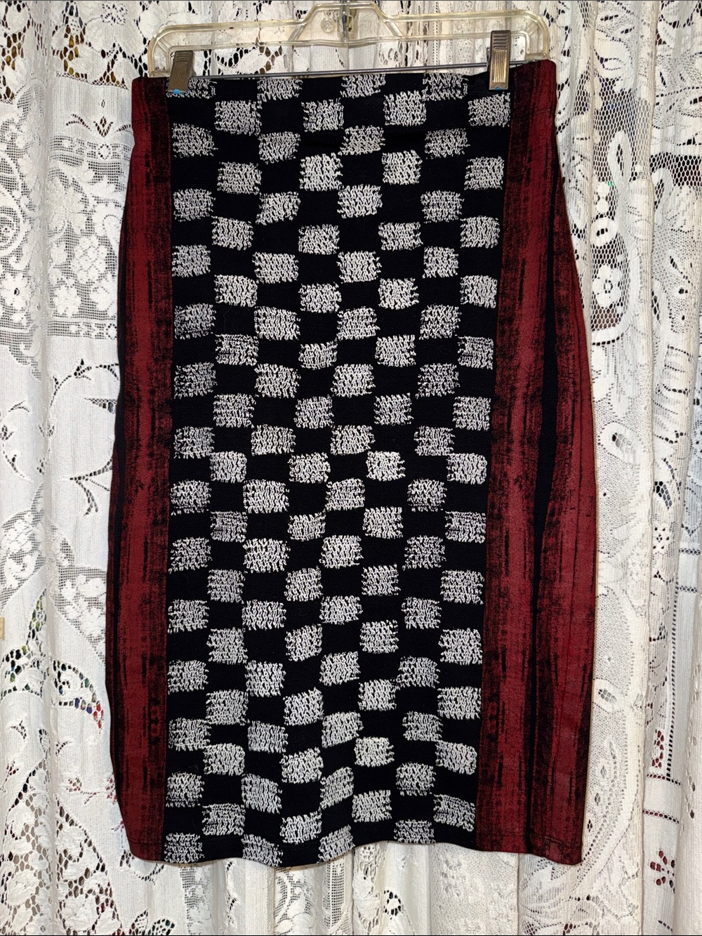 Isabel de Pedro Black and Burgundy Checker Knit Pencil Skirt
